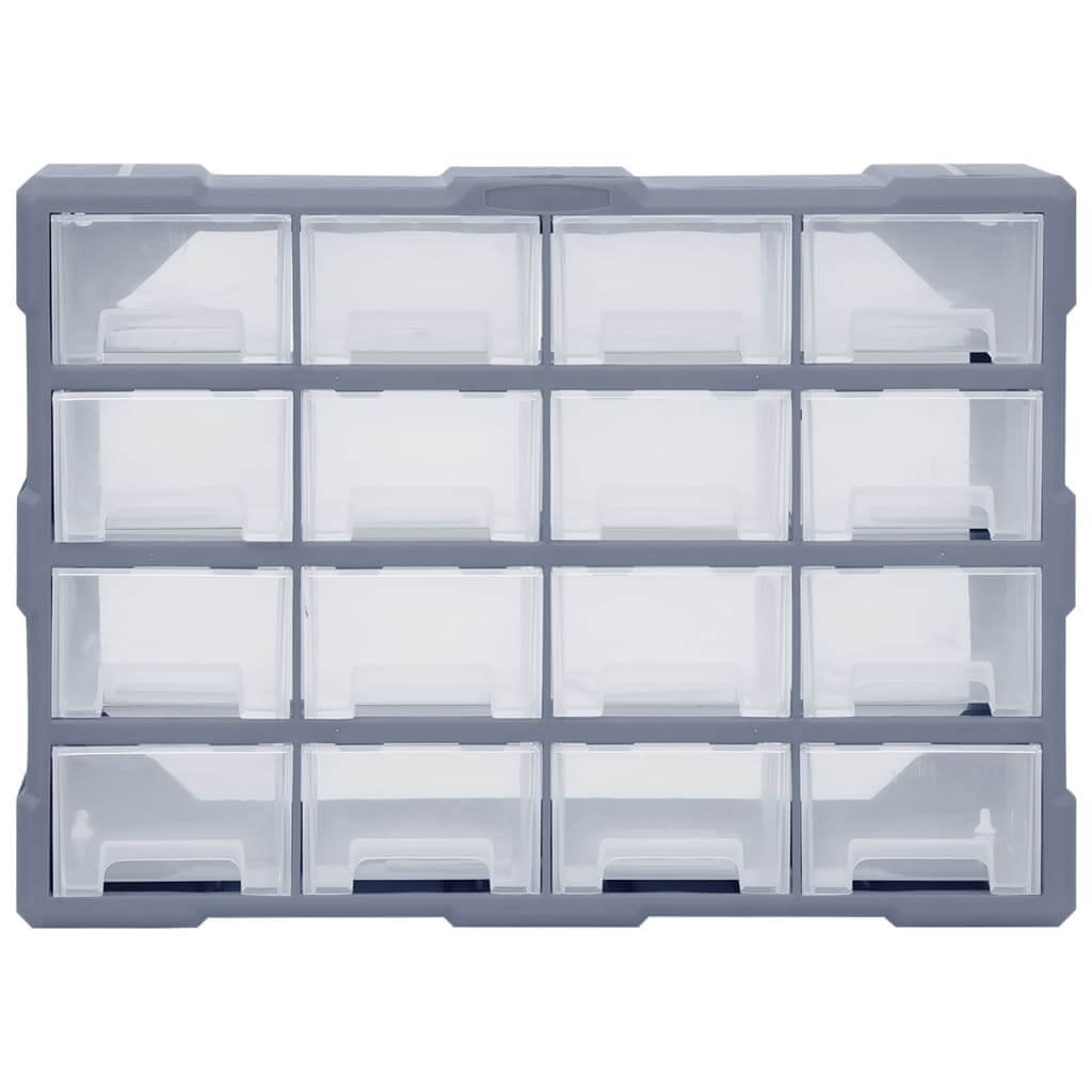 Affordable quality multi-drawer organiser with 16 middle drawers, perfect for storing tools and accessories, impact-resistant plastic 52x16x37 cm