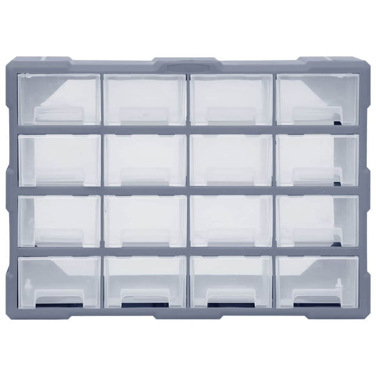 Affordable quality multi-drawer organiser with 16 middle drawers, perfect for storing tools and accessories, impact-resistant plastic 52x16x37 cm