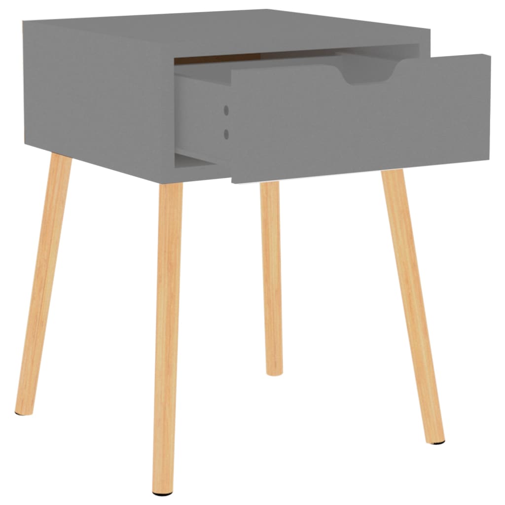 Affordable grey engineered wood bedside cabinet with drawer and modern wooden legs, ideal for magazines, books, and decor. Quality and value.