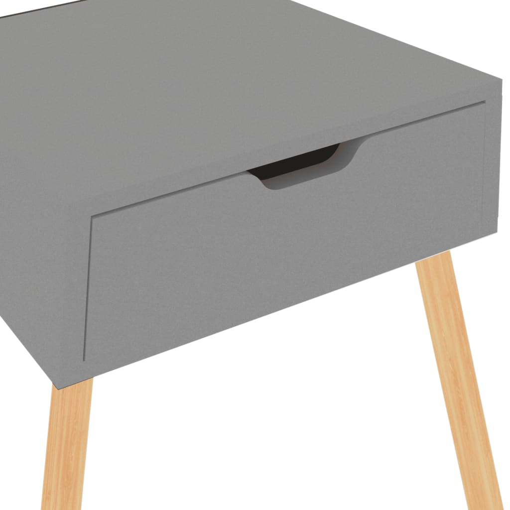 Grey bedside cabinet with drawer and wooden legs, made of engineered wood for an affordable, cheap, quality and value addition to any room decor.