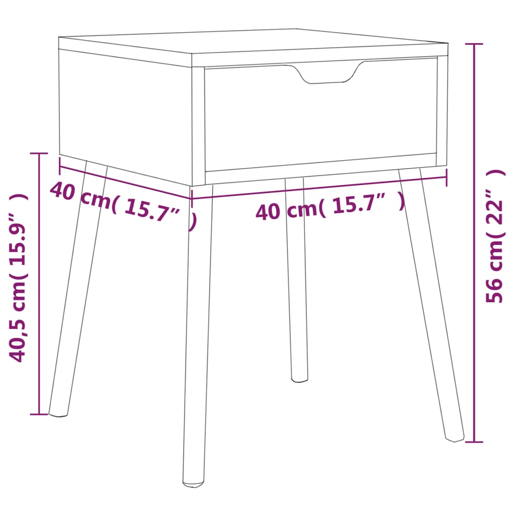 Diagram of grey bedside cabinet with dimensions 40x40x56 cm, showing a drawer and four legs for stability.