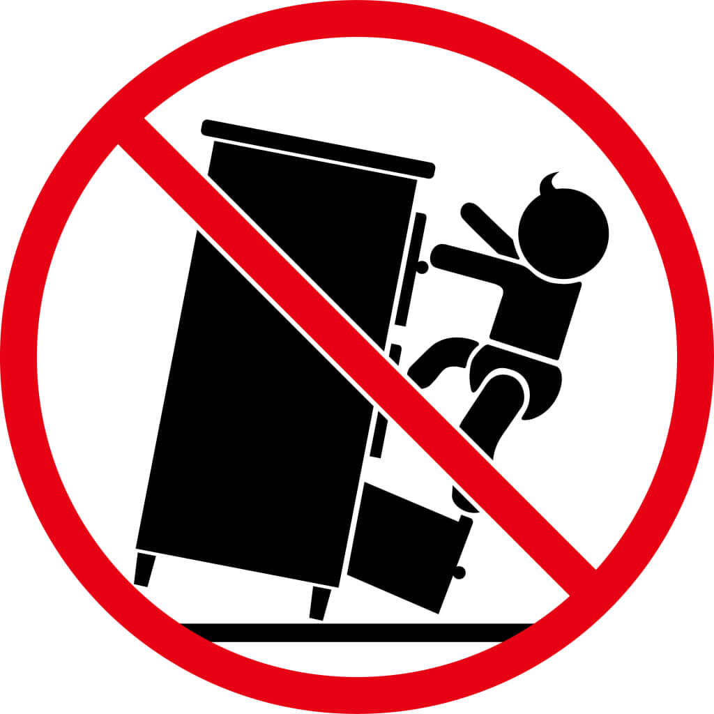 Safety warning sign depicting a child climbing on a dresser with a red prohibition symbol.