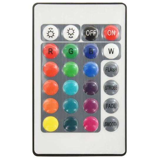 Remote control for LED lights with multiple color options and lighting modes, including flash, strobe, fade, and smooth settings