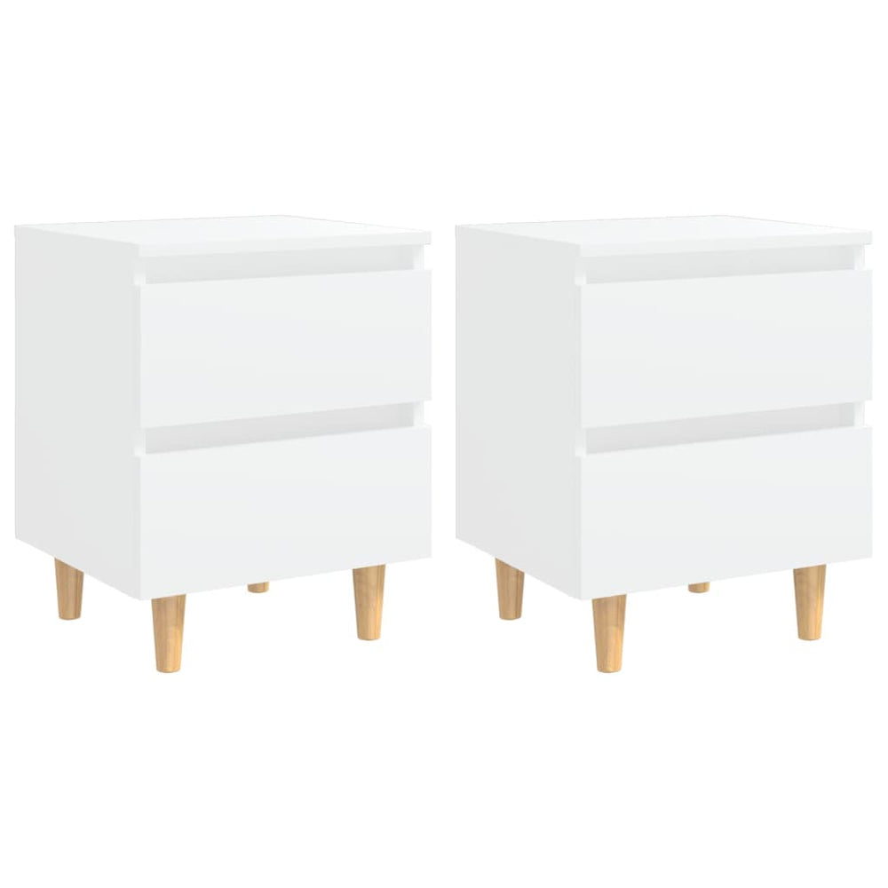 Affordable and quality white bed cabinets with solid pinewood legs and two drawers, Scandinavian design, set of 2, 40x35x50 cm.