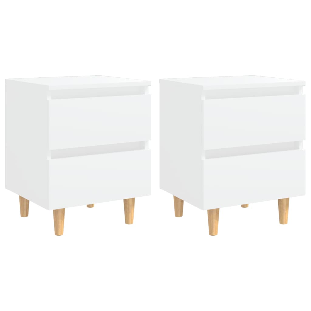 Affordable and quality white bed cabinets with solid pinewood legs and two drawers, Scandinavian design, set of 2, 40x35x50 cm.