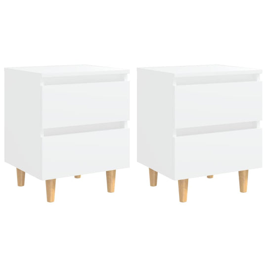 Affordable and quality white bed cabinets with solid pinewood legs and two drawers, Scandinavian design, set of 2, 40x35x50 cm.