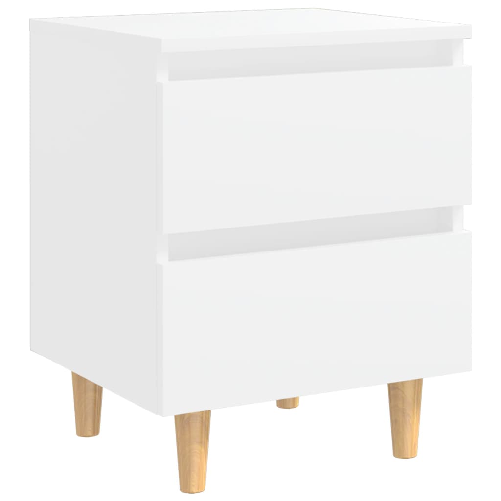 Affordable quality white bed cabinet with solid pinewood legs and two drawers for ample storage, 40x35x50 cm in size.