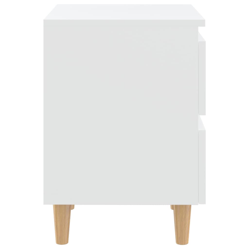 White bed cabinet with solid pinewood legs, two drawers, and Scandinavian design; affordable, quality, and value for bedroom storage.