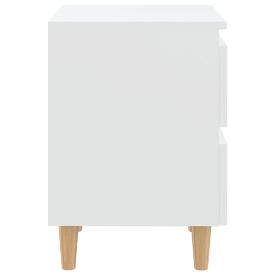 White bed cabinet with solid pinewood legs, two drawers, and Scandinavian design; affordable, quality, and value for bedroom storage.