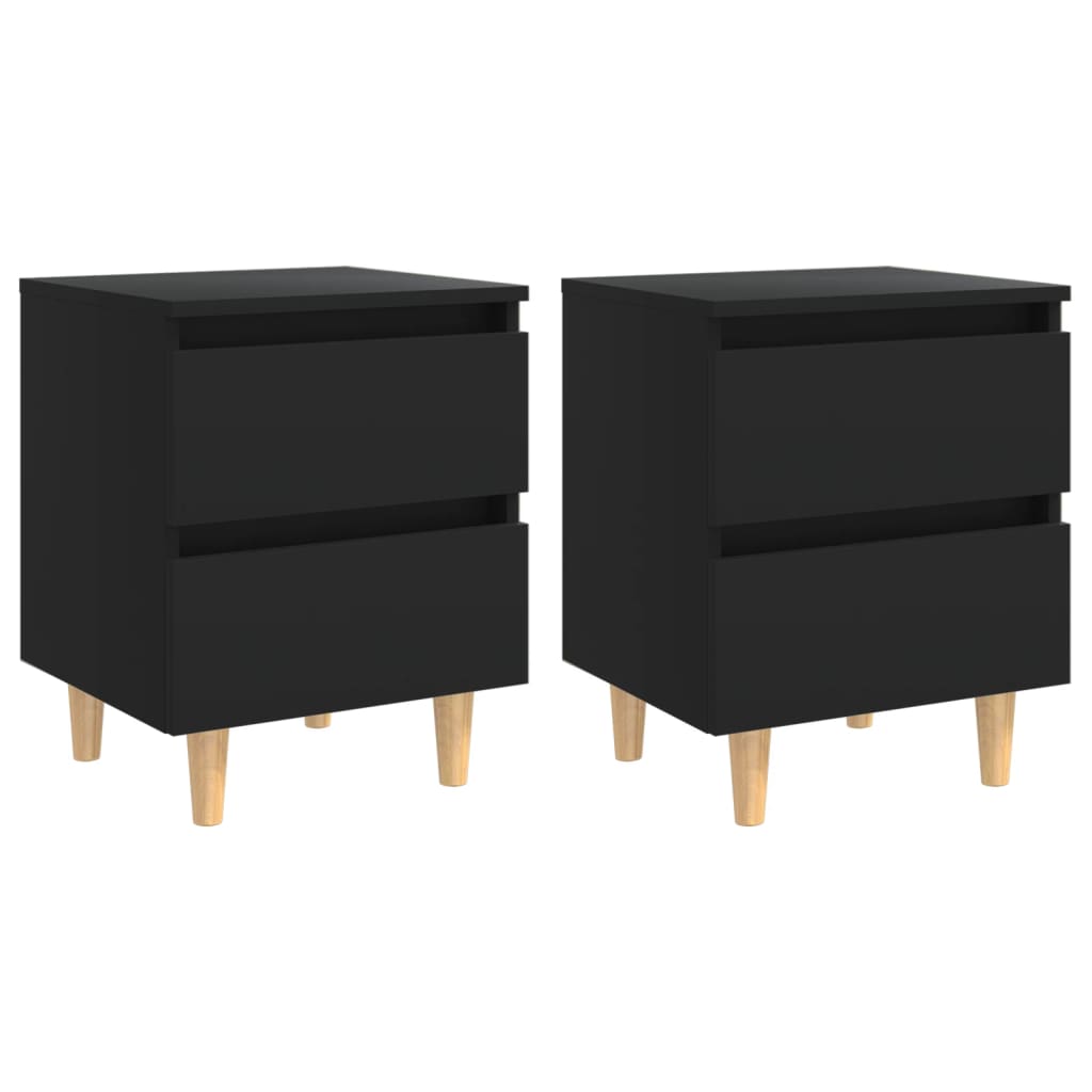 Affordable black bed cabinets with solid pinewood legs and two drawers, showcasing Scandinavian design and quality value, set of 2.