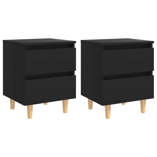 Affordable black bed cabinets with solid pinewood legs and two drawers, showcasing Scandinavian design and quality value, set of 2.