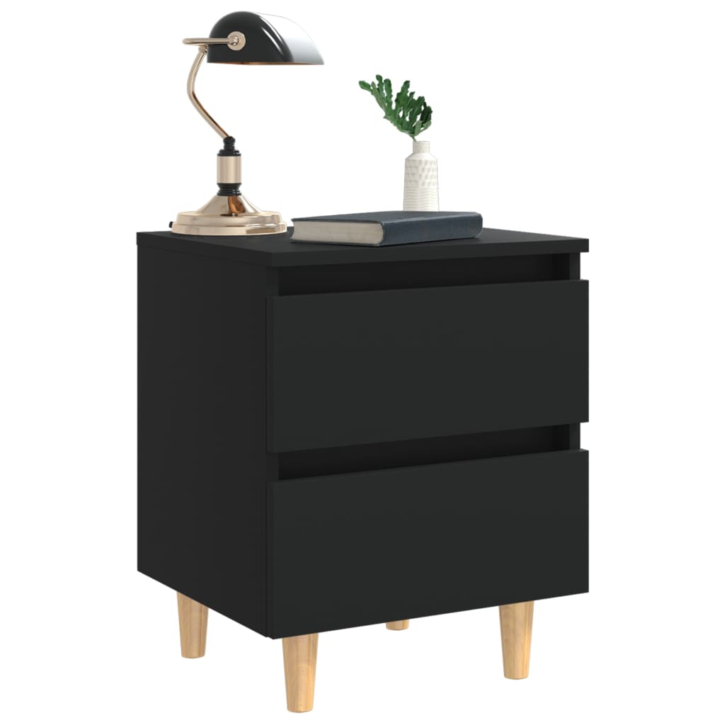 Black bed cabinet with solid pinewood legs, featuring two drawers for ample storage space, combining Scandinavian design with quality and affordability