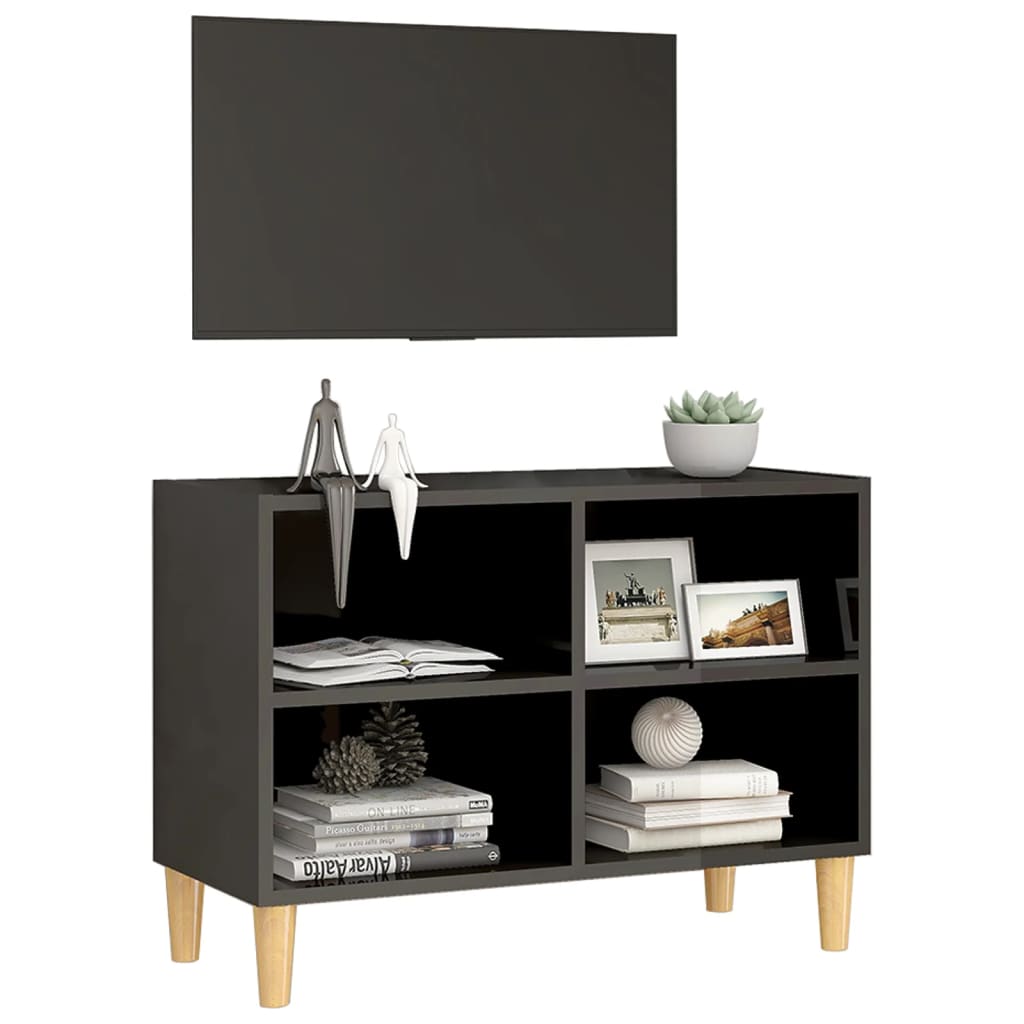 TV Cabinet with Solid Wood Legs High Gloss Grey 69.5x30x50 cm