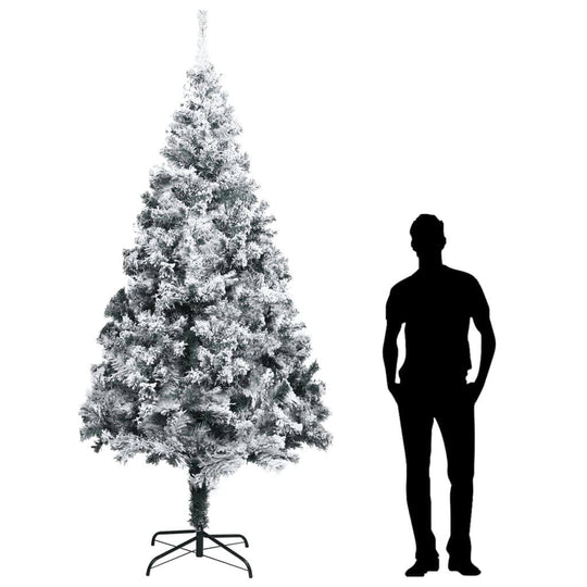 Artificial Christmas tree with flocked snow on steel stand, 300 cm tall, shown next to silhouette for scale. Affordable quality.