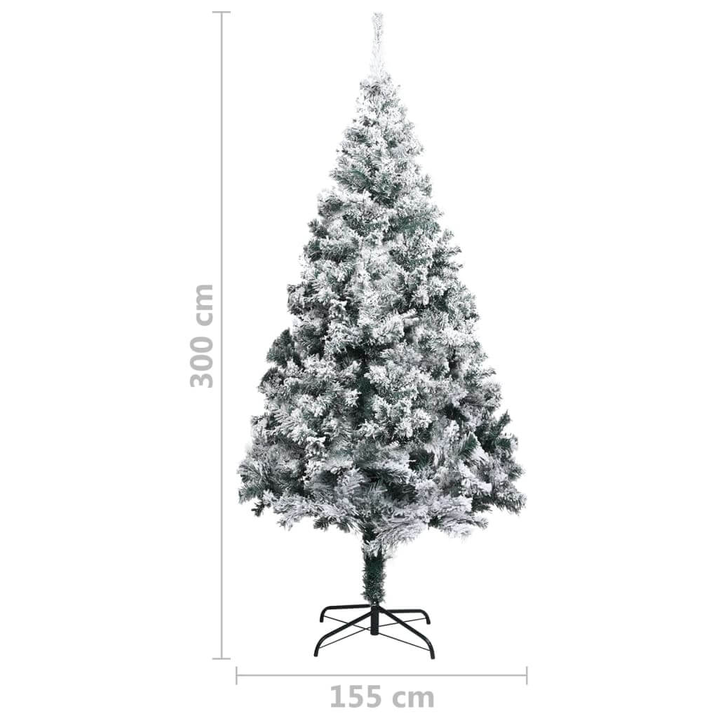 Artificial Christmas tree with flocked snow, 300 cm height, 155 cm width, affordable quality PVC material with steel stand.