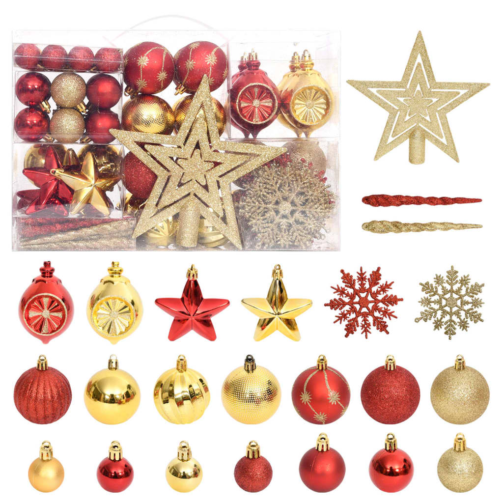 Gold and red 108 piece Christmas bauble set featuring shatterproof ornaments in various sizes and designs for quality, affordable decor.