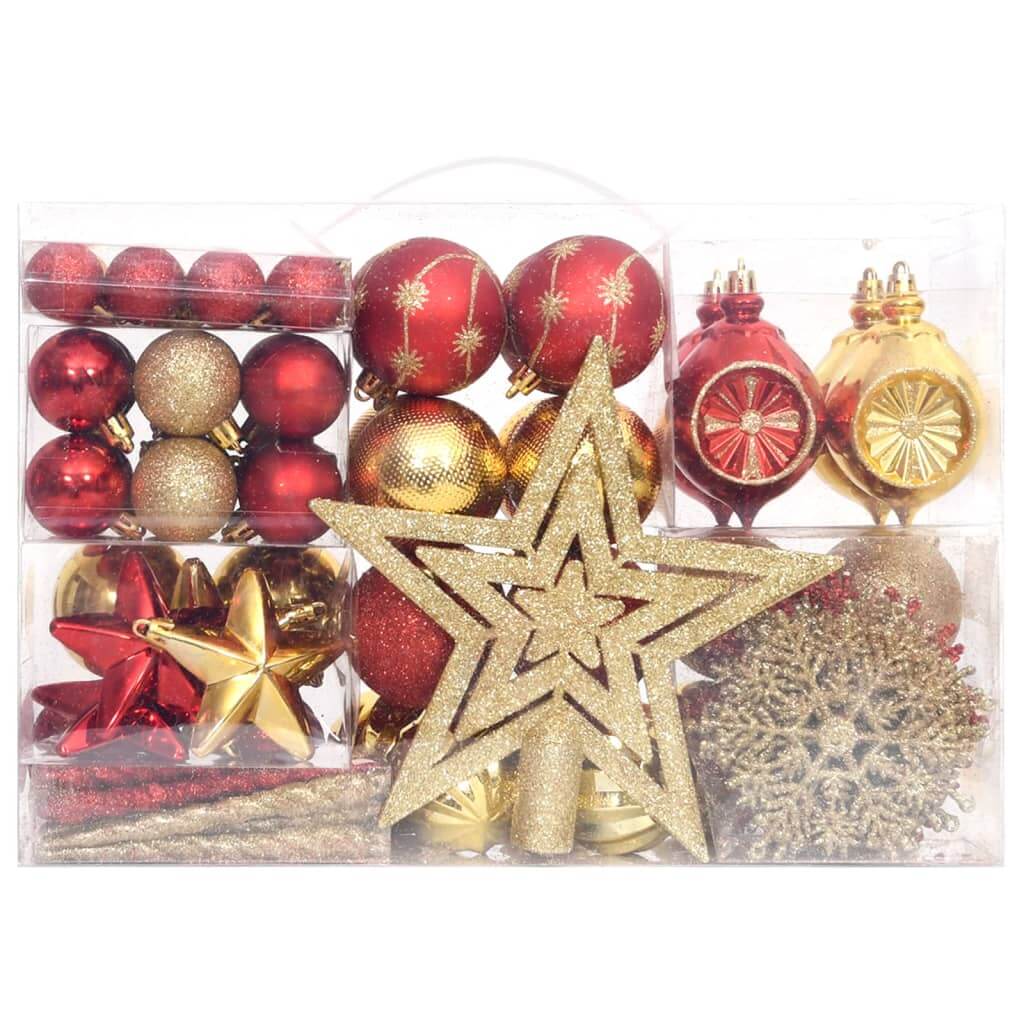 108 piece gold and red Christmas bauble set, shatterproof and affordable, featuring multiple types and quality decorations for tree adornment.