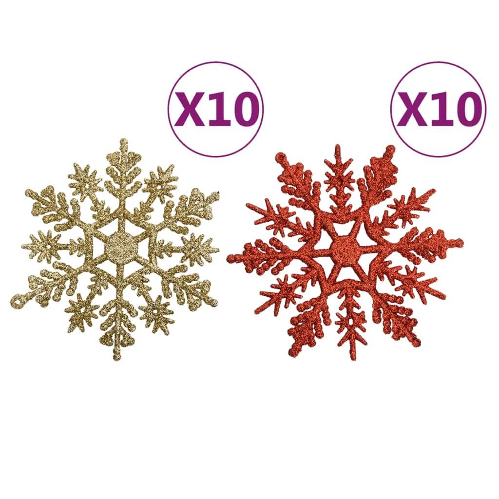 Affordable quality Christmas bauble set in gold and red colors, featuring 20 shatterproof snowflake ornaments for tree decoration.