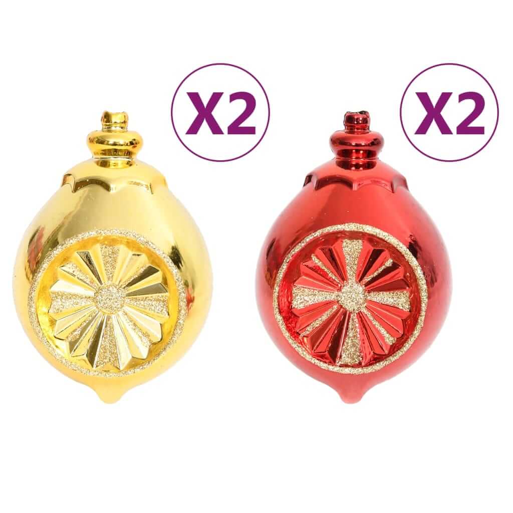 Gold and red Christmas baubles with starburst design in a set of 108, featuring affordable quality shatterproof decorations.