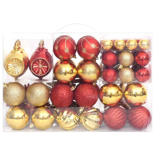 Gold and red shatterproof Christmas bauble set, 108 pieces in various sizes, offering affordable quality for tree decorating.