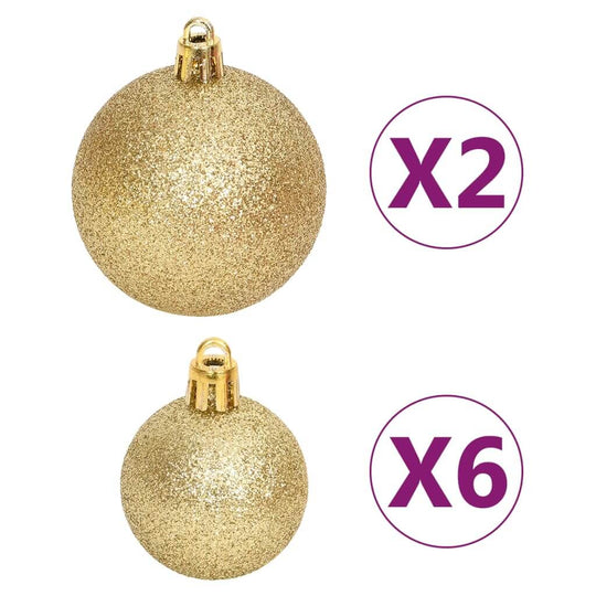 Gold glitter Christmas baubles, two large and six small, part of an affordable 108 piece quality set for tree decoration.