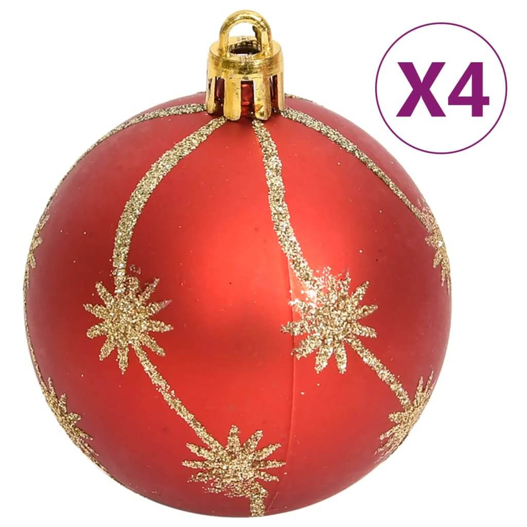 Red Christmas bauble with gold glitter design, part of affordable and quality 108-piece shatterproof bauble set.