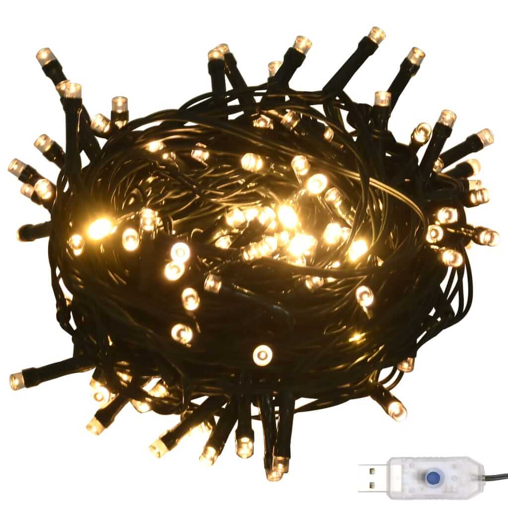 Warm white LED Christmas lights with black wire and plug, ideal for decorating trees and homes, energy-efficient and long-lasting