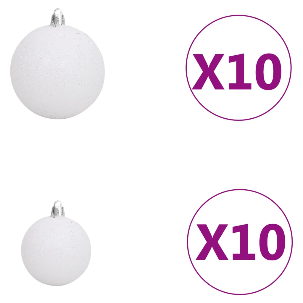 Set of white Christmas balls, available in different sizes, with quantities of 10 pieces each, ideal for affordable quality decoration.