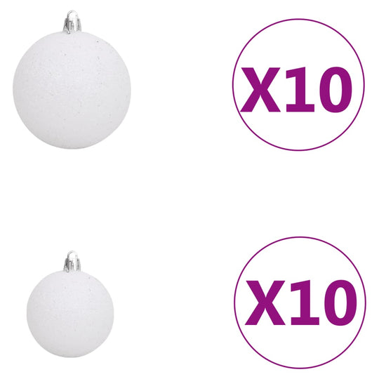 Set of white Christmas balls, available in different sizes, with quantities of 10 pieces each, ideal for affordable quality decoration.