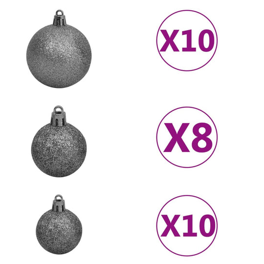 120 Piece Christmas Ball Set with 3 different sizes in silver, featuring 10 large, 8 medium, and 10 small ornaments for festive decoration.