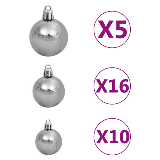 Affordable quality 120 piece Christmas ball set with three sizes indicated by quantities 5, 16, and 10.