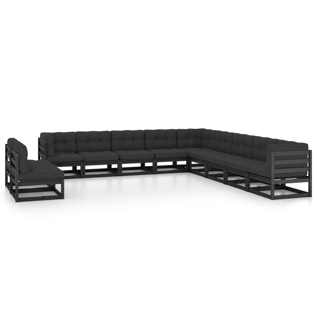 11 Piece Garden Lounge Set with Cushions Black Solid Pinewood