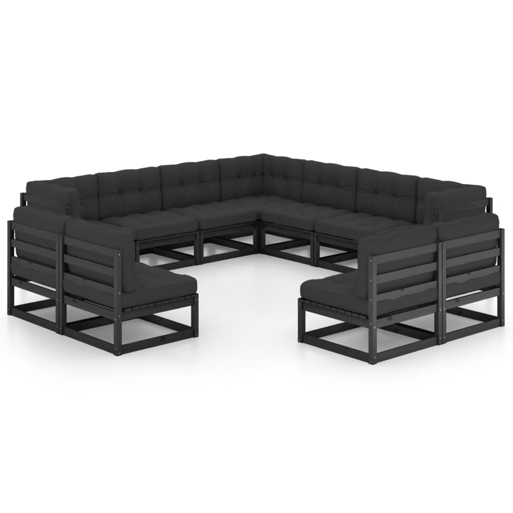 11 Piece Garden Lounge Set with Cushions Black Solid Pinewood