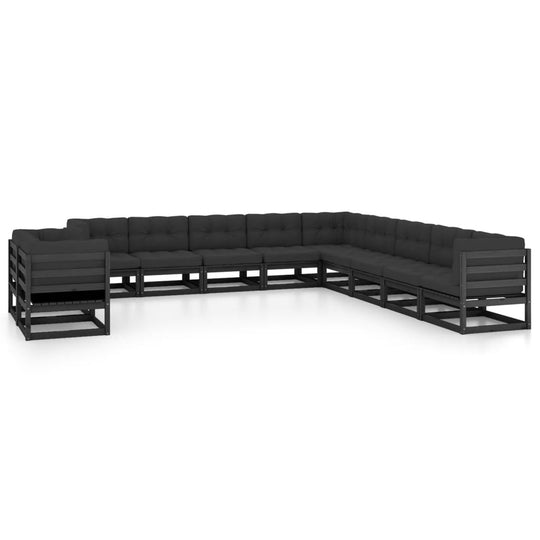 11 Piece Garden Lounge Set with Cushions Black Solid Pinewood