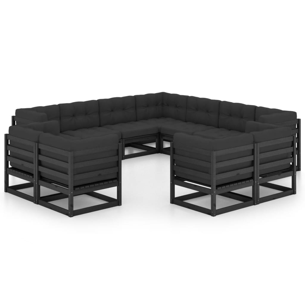 11 Piece Garden Lounge Set with Cushions Black Solid Pinewood