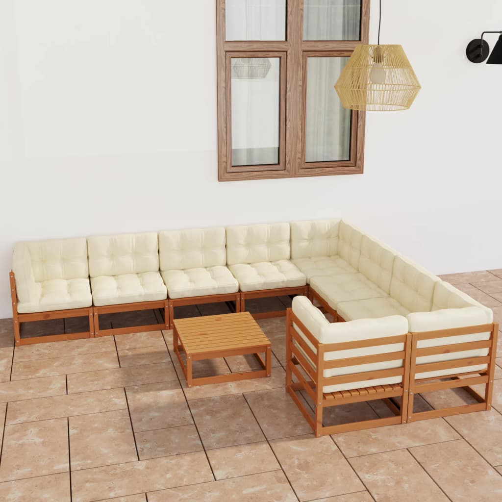 10 Piece Garden Lounge Set&Cushions Honey Brown Solid Pinewood