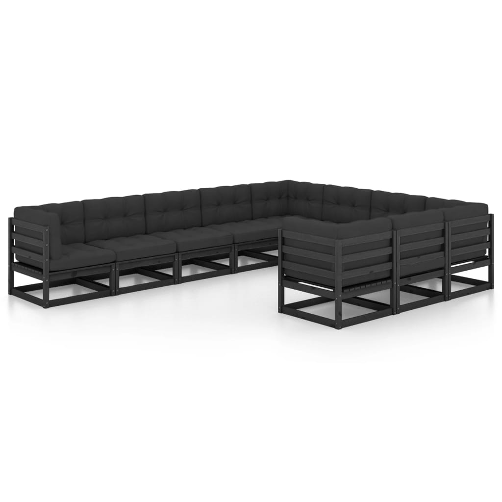 10 Piece Garden Lounge Set with Cushions Black Solid Pinewood