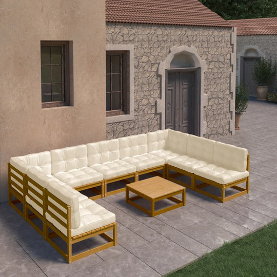 10 Piece Garden Lounge Set&Cushions Honey Brown Solid Pinewood