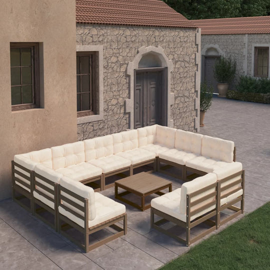 10 Piece Garden Lounge Set&Cushions Honey Brown Solid Pinewood