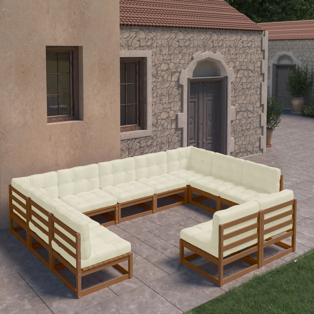 11 Piece Garden Lounge Set&Cushions Honey Brown Solid Pinewood