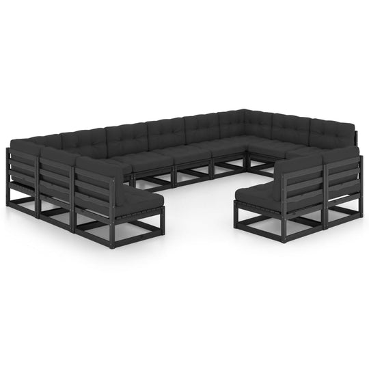 12 Piece Garden Lounge Set with Cushions Black Solid Pinewood