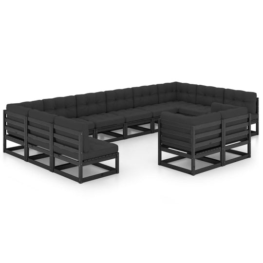 12 Piece Garden Lounge Set with Cushions Black Solid Pinewood