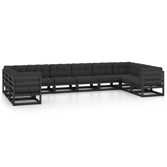 10 Piece Garden Lounge Set with Cushions Black Solid Pinewood