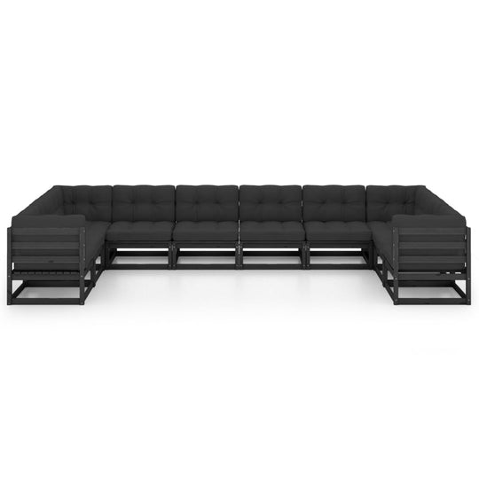 10 Piece Garden Lounge Set with Cushions Black Solid Pinewood