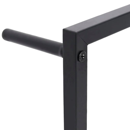 Close-up of black steel towel rack, 45x10x115 cm, showcasing sturdy construction. Ideal for affordable DIY bathroom decor.