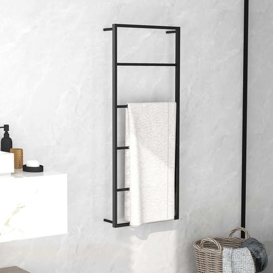 Black steel towel rack 45x10x115 cm, DIY assembly, luxe design for clutter-free bathrooms, affordable quality option.