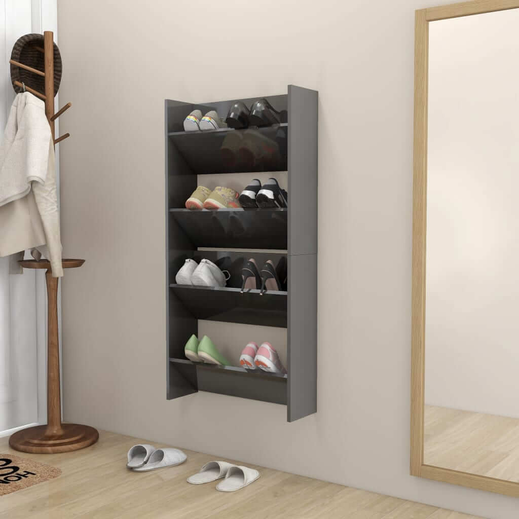 High gloss grey wall-mounted shoe cabinet with multiple shelves for organized shoe storage in a compact, modern design.