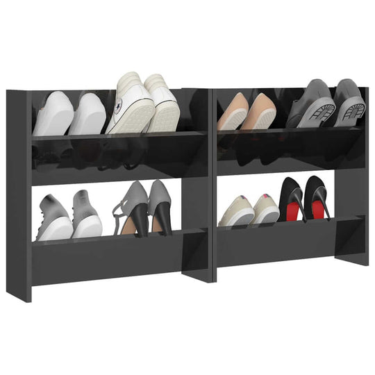 High gloss grey wall shoe cabinets with shoes organized neatly, featuring 2 tipping shelves, made of engineered wood, budget-friendly.