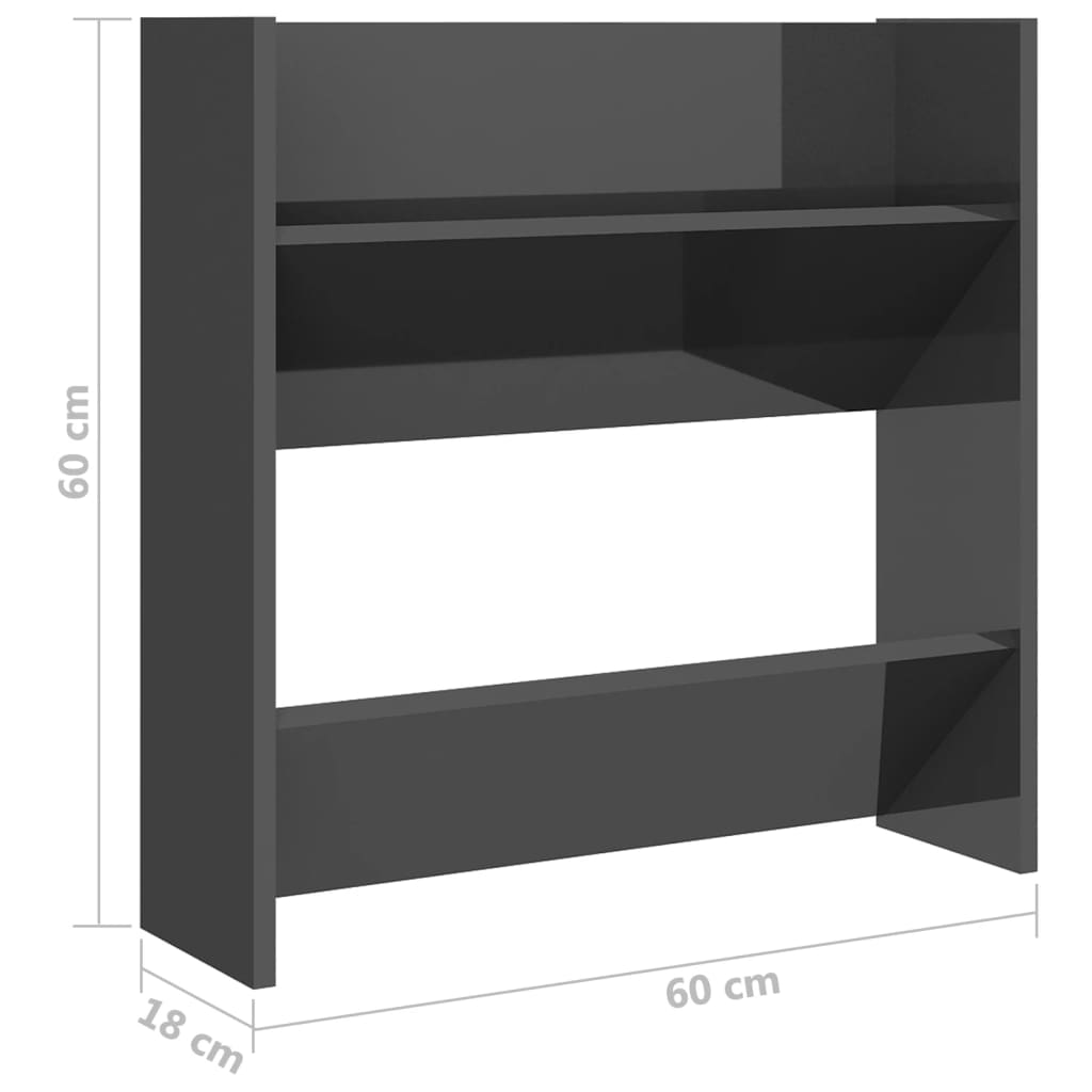 High gloss grey wall-mounted shoe cabinet with two tipping shelves, 60x18x60 cm engineered wood, affordable and quality design.