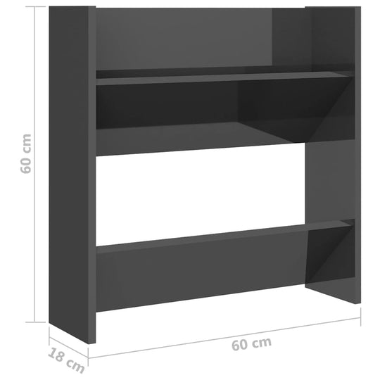 High gloss grey wall-mounted shoe cabinet with two tipping shelves, 60x18x60 cm engineered wood, affordable and quality design.